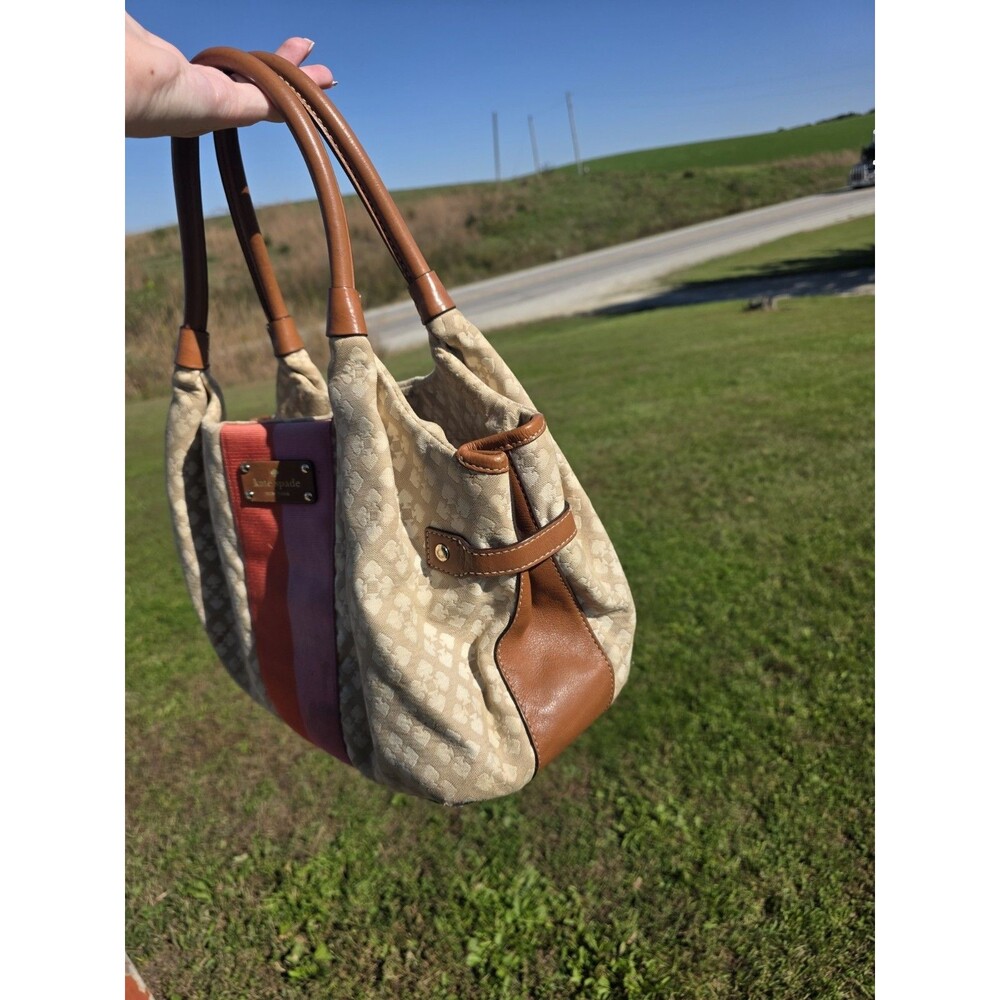 Kate Spade New York Beige Jacquard Logo Satchel Zip, Brown Leather Handles - Picture 5 of 12